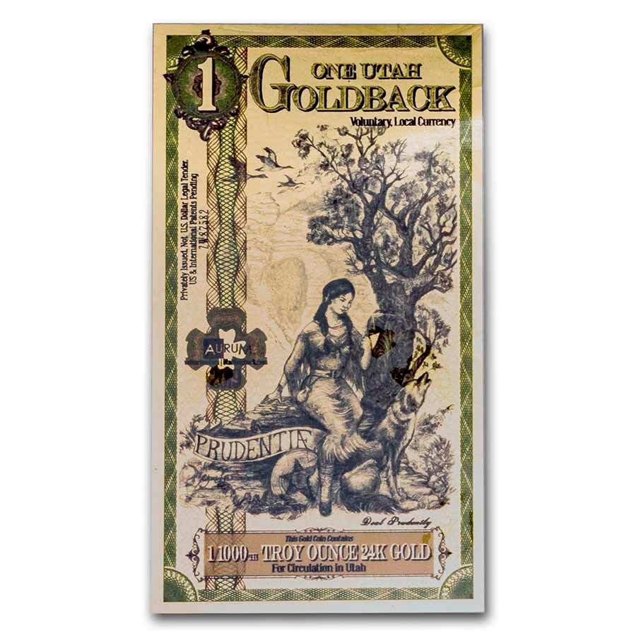 1 Utah Goldback - Aurum Gold Foil Note (24k): 1 Utah Goldback - Aurum Gold Foil Note (24k) RBJ no: 204989 Year: N/A Not Available Grade: (U) Crisp Unc Grade Service: None Denomination: 1 Utah Goldback Mint Mark: N/A - Not Available M
