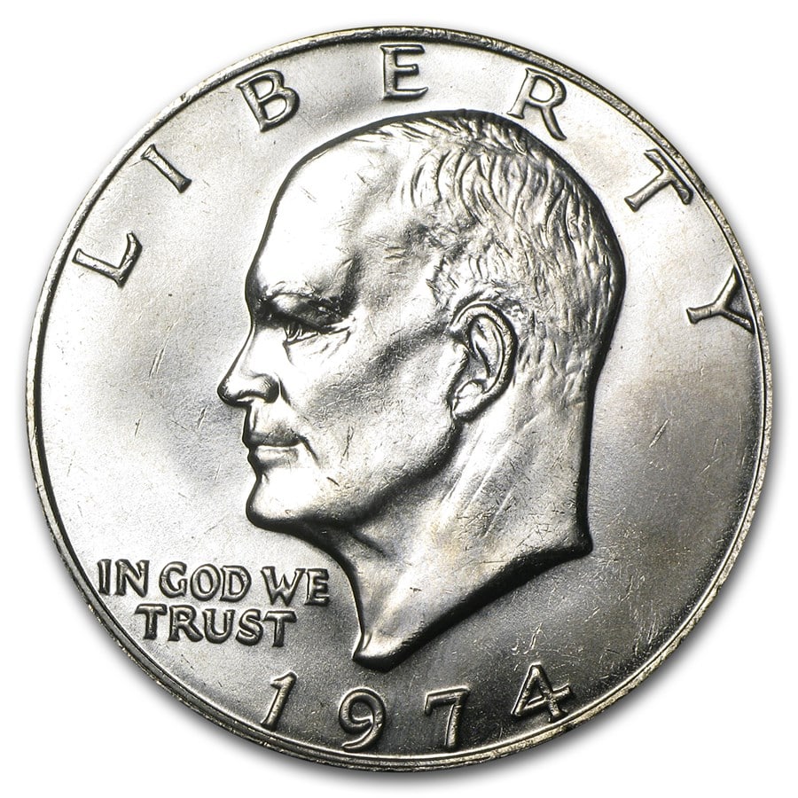 1974 Clad Eisenhower Dollar BU: 1974 Clad Eisenhower Dollar BU RBJ no: 5021 Year: 1974 Grade: Brilliant Unc Grade Service: None Denomination: $1.00 Mint Mark: P - Philadelphia (Not Shown) Metal Content: 0 troy oz