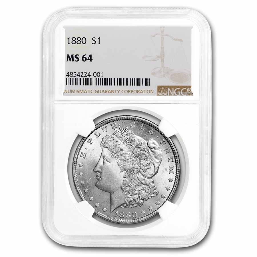 1880 Morgan Dollar MS-64 NGC: 1880 Morgan Dollar MS-64 NGC RBJ no: 7518 Year: 1880 Grade Service: NGC Denomination: $1.00 Metal Content: 0.7734 troy oz Purity: .900 Thickness: 3.1 mm Diameter: 38.1 mm