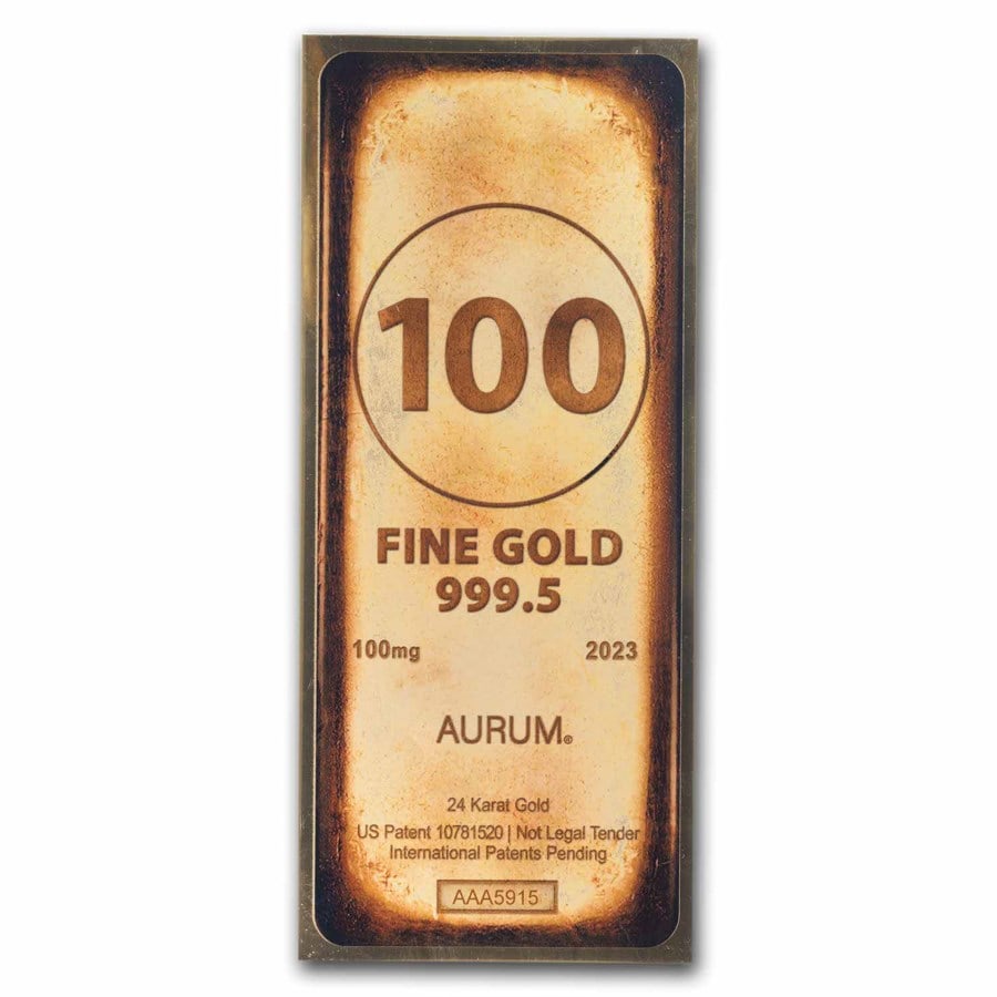 2023 100 Milligrams Gold Aurum Note Gold Bar 24K: 2023 100 Milligrams Gold Aurum Note Gold Bar 24K RBJ no: 280841 Year: 2023 Grade: (U) Uncirculated Grade Service: None Mint Mark: N/A - Not Available Metal Content: 0.0032 troy oz Purity: