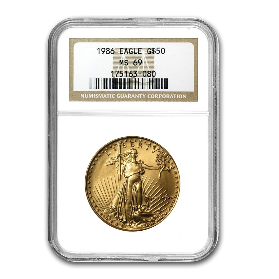 1986 1 oz American Gold Eagle MS-69 NGC: 1986 1 oz American Gold Eagle MS-69 NGC RBJ no: 13981 Year: 1986 Grade Service: NGC Denomination: 50 Dollars Metal Content: 1 troy oz Purity: .9167 Thickness: 2.87 mm Diameter: 3