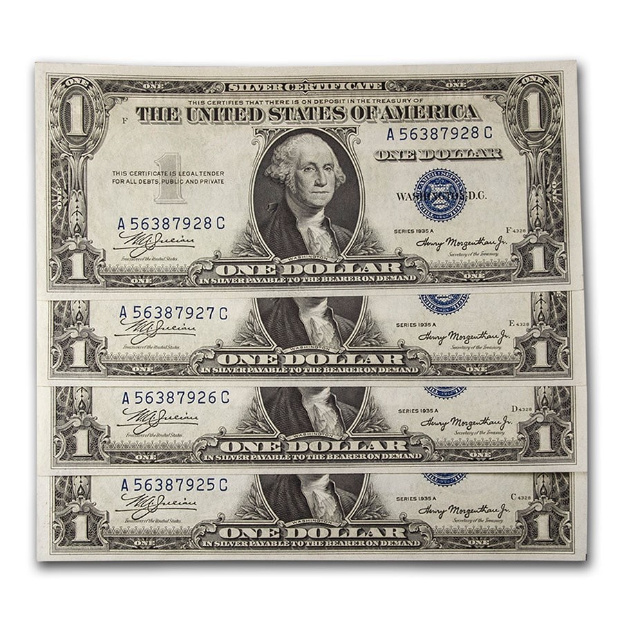 1935-A $1.00 Silver Certificate CU (Fr#1608) 4 Consecutive: 1935-A $1.00 Silver Certificate CU (Fr#1608) 4 Consecutive RBJ no: 228496 Year: 1935 Grade: (U) Crisp Unc Grade Service: None Denomination: $1.00 Dollar Mint Mark: N/A - Not Available Met