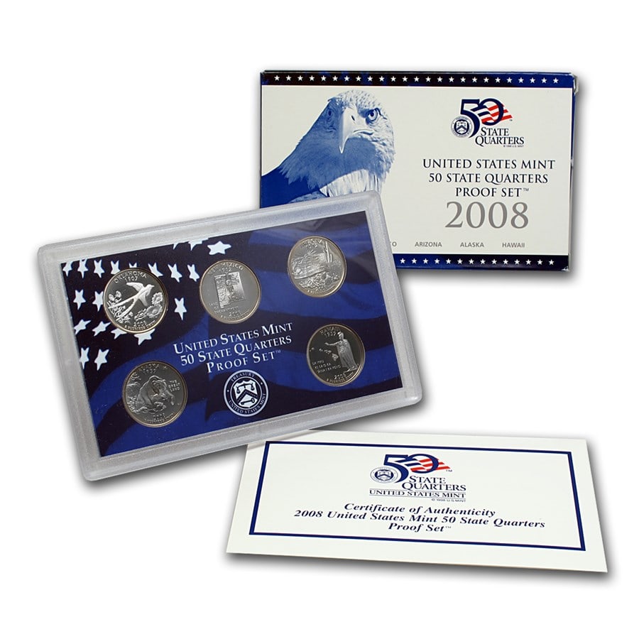 2008-S 50 State Quarters Proof Set: 2008-S 50 State Quarters Proof Set RBJ no: 35549 Year: 2008 Grade: Proof Grade Service: None Denomination: 25 Cents Mint Mark: S - San Francisco Metal Content: 0 troy oz Purity: