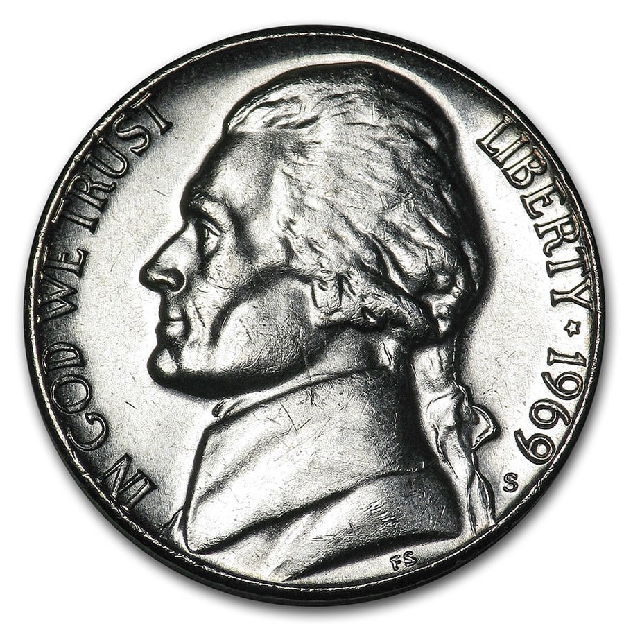 1969-S Jefferson Nickel BU: 1969-S Jefferson Nickel BU RBJ no: 6604 Year: 1969 Grade: Brilliant Unc Grade Service: None Denomination: 5 Cents Mint Mark: S - San Francisco Metal Content: 0 troy oz Purity: N/