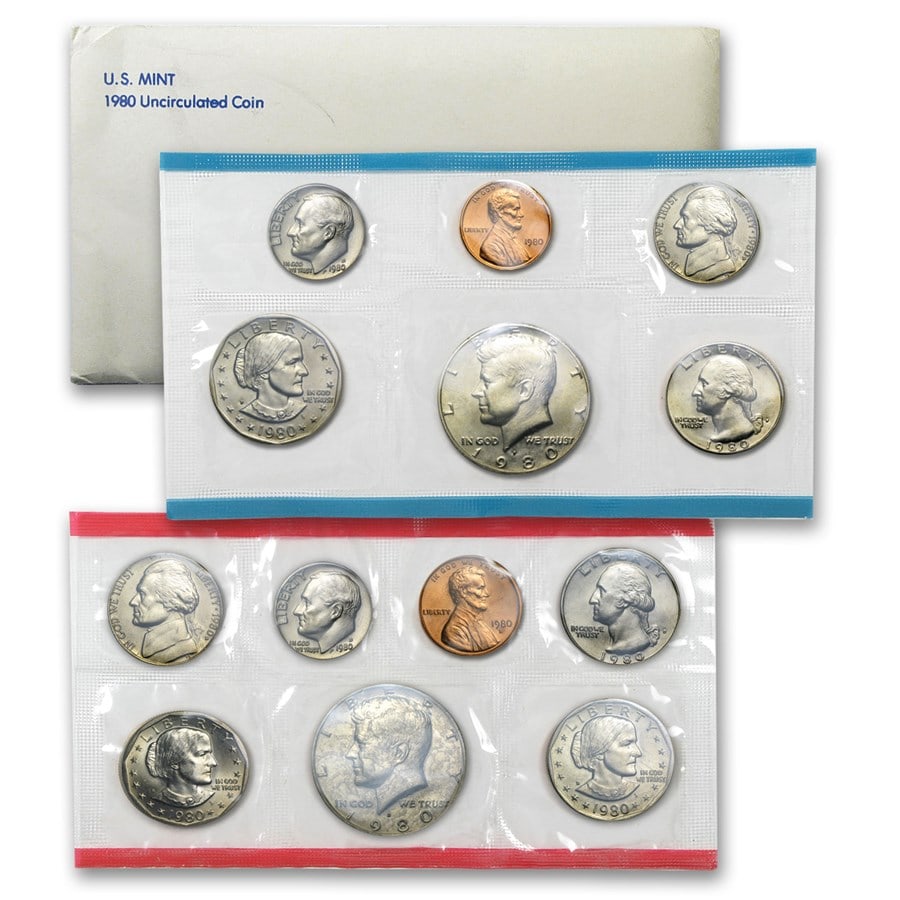 1980 U.S. Mint Set: 1980 U.S. Mint Set RBJ no: 1248 Year: 1980 Grade: Brilliant Unc Grade Service: None Denomination: Varies Mint Mark: Varies Metal Content: 0 troy oz Purity: Other Thickne