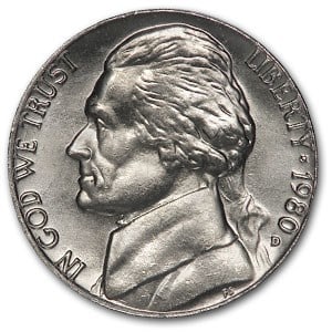 1980-D Jefferson Nickel BU: 1980-D Jefferson Nickel BU RBJ no: 6627 Year: 1980 Grade: Brilliant Unc Grade Service: None Denomination: 5 Cents Mint Mark: D - Denver Metal Content: 0 troy oz Purity: N/A <