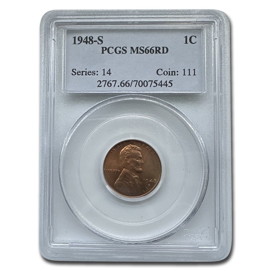 1948-S Lincoln Cent MS-66 PCGS (Red): 1948-S Lincoln Cent MS-66 PCGS (Red) RBJ no: 89707 Year: 1948 Grade Service: PCGS Denomination: 1 Cent Metal Content: 0 troy oz Purity: N/A Thickness: 1.50 mm Diameter: 19 mm