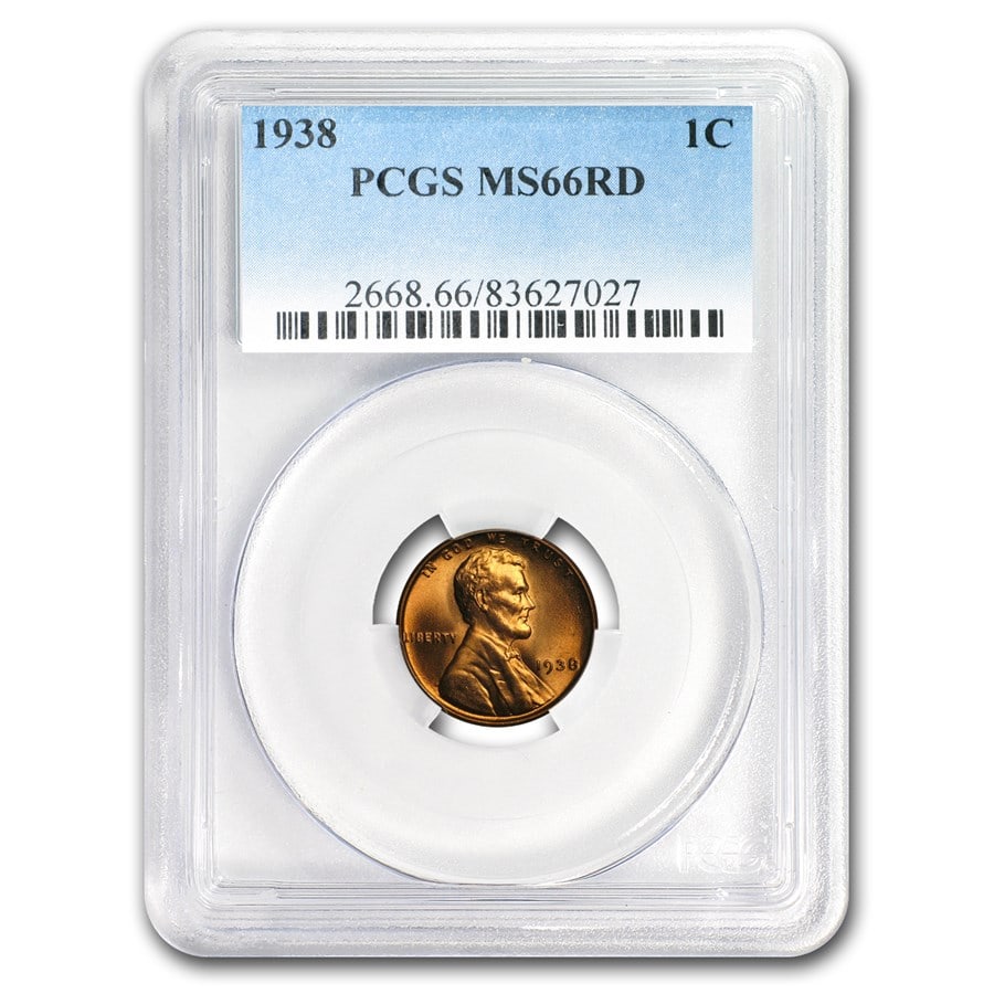 1938 Lincoln Cent MS-66 PCGS (Red): 1938 Lincoln Cent MS-66 PCGS (Red) RBJ no: 159269 Year: 1938 Grade Service: PCGS Denomination: 1 Cent Metal Content: 0 troy oz Purity: N/A Thickness: 1.50 mm Diameter: 19 mm