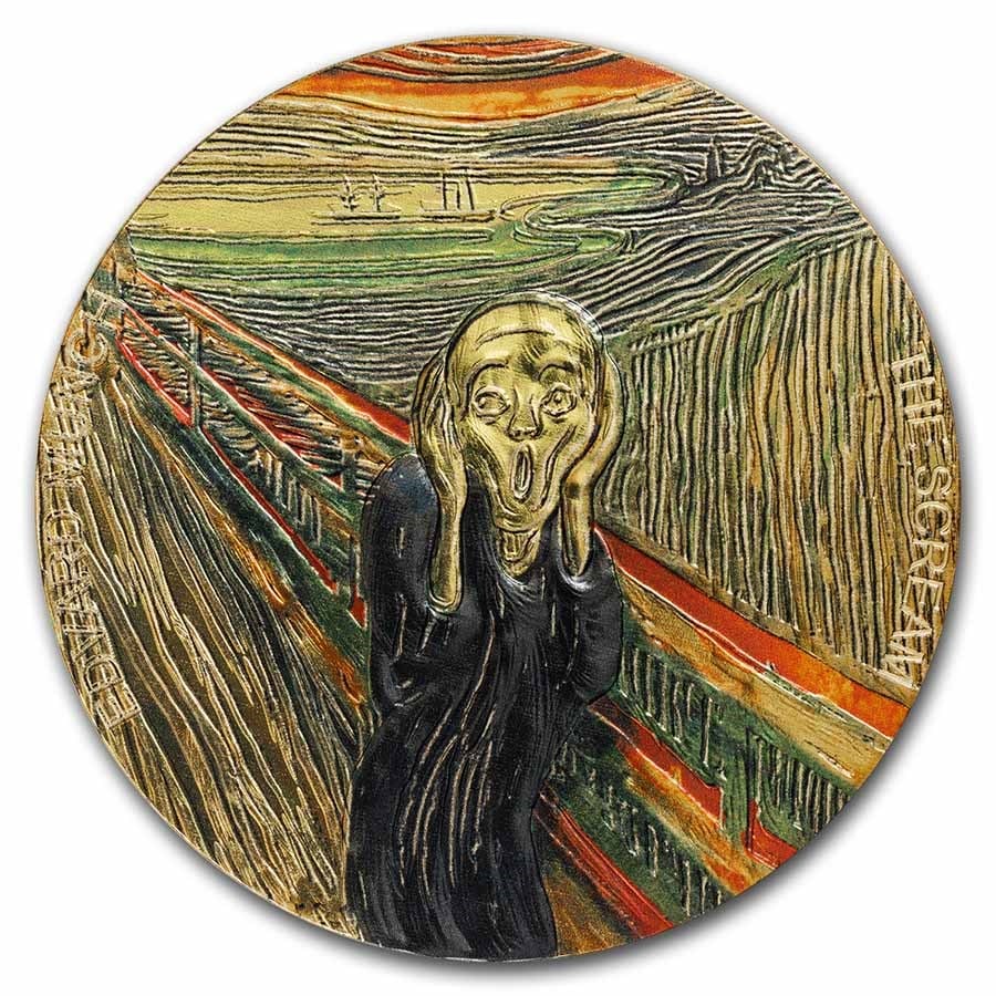 2022 Republic of Ghana 2 oz Silver Edvard Munch - The Scream: 2022 Republic of Ghana 2 oz Silver Edvard Munch - The Scream RBJ no: 259298 Year: 2022 Grade: Brilliant Unc Grade Service: None Denomination: 10 Cedis Mint Mark: Not Shown Metal Content: