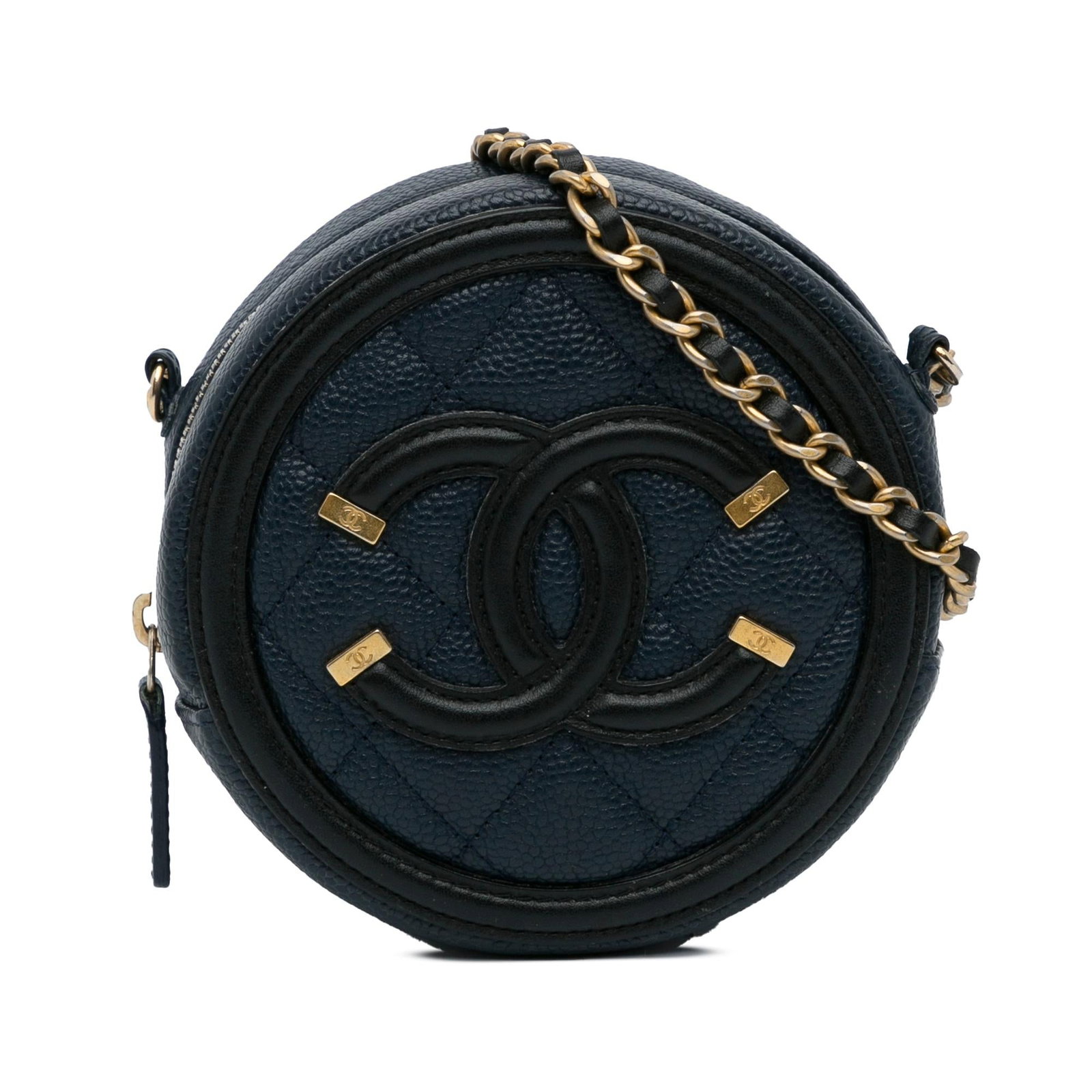 Chanel CC Filigree Caviar Round Crossbody Bag: Chanel CC Filigree Caviar Round Crossbody Bag Condition Quality: Exterior Back stained with Other. Exterior Side stained with Other. Exterior Top stained with Other. Embellishment Scratched. Zipper Ru