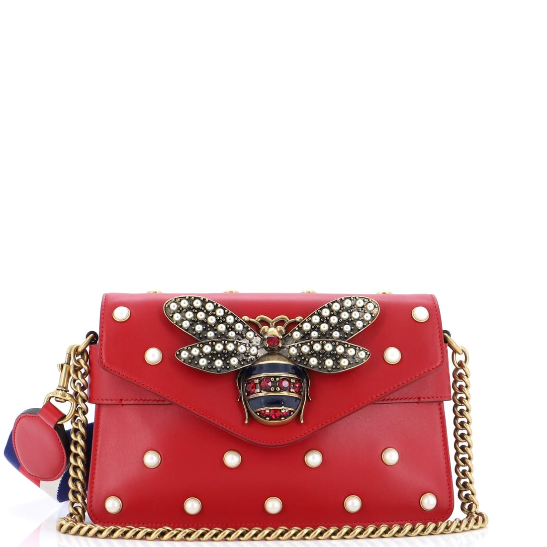 Gucci Broadway Pearly Bee Shoulder Bag Embellished Leather Mini: Gucci Broadway Pearly Bee Shoulder Bag Embellished Leather Mini Exterior Color: Red Interior Color: Neutral Exterior Material: Leather Interior Material: Leather Hardware Color: Aged Gold Accessor