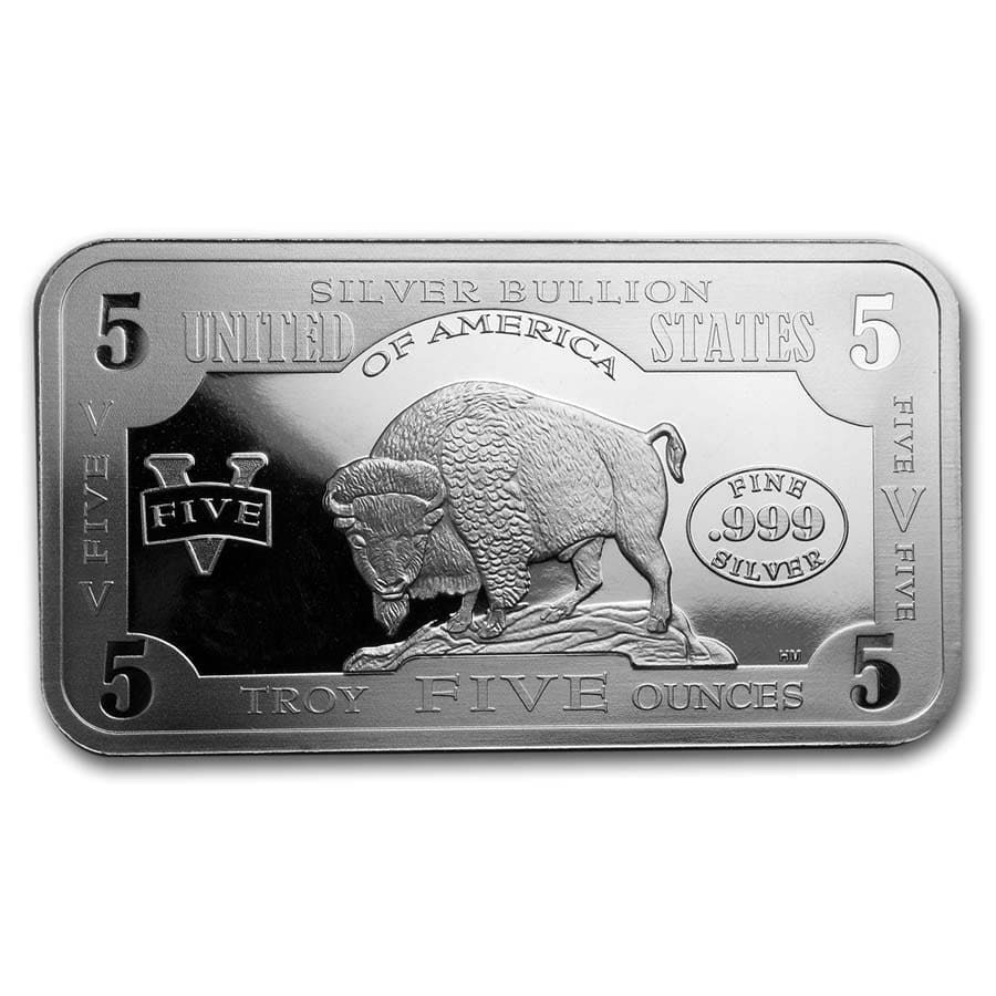 5 oz Silver Bar - 1901 $10 Bison Note: 5 oz Silver Bar - 1901 $10 Bison Note Product ID: 186870 Year: N/A Grade: None Grade Service: None Denomination: 1 oz Mint Mark: N/A - Not Available Metal Content: 5 troy oz Puri
