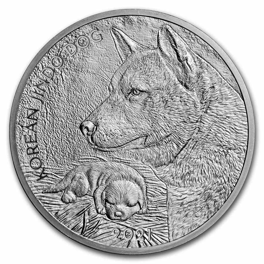 2021 South Korea 1 oz Silver Jindo Dog BU: 2021 South Korea 1 oz Silver Jindo Dog BU Product ID: 249303 Year: 2021 Grade: None Grade Service: None Mint Mark: Not Shown Metal Content: 1 troy oz Purity: .999 Diameter: 40 mm