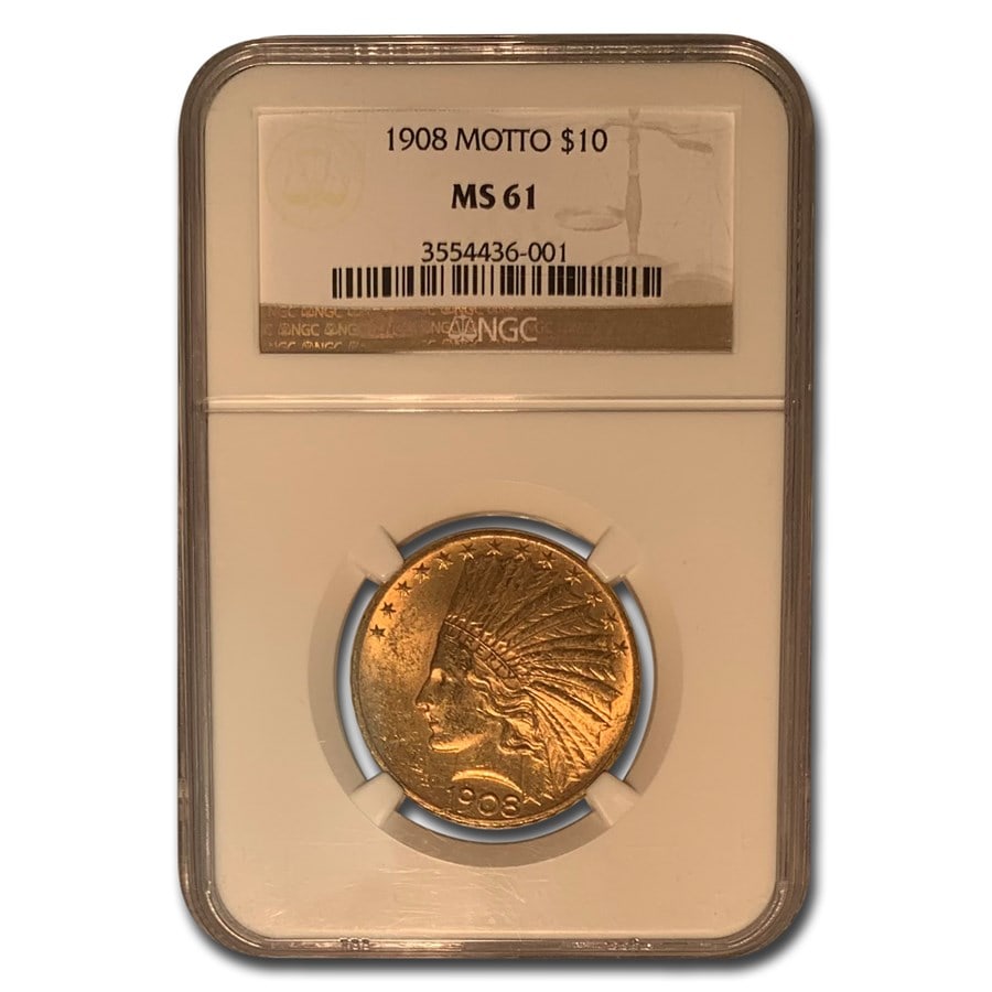1908 $10 Indian Gold Eagle w/Motto MS-61 NGC: 1908 $10 Indian Gold Eagle w/Motto MS-61 NGC Product ID: 55134 Year: 1908 Grade Service: NGC Denomination: $10 Metal Content: 0.4838 troy oz Purity: .900 Thickness: 2.03 mm Diame