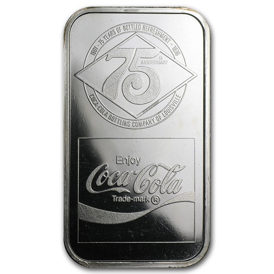 1 oz Silver Bar - Coca Cola (Louisville, KY): 1 oz Silver Bar - Coca Cola (Louisville, KY) Product ID: 61171 Year: 1976 Grade: None Grade Service: None Mint Mark: N/A - Not Available Metal Content: 1 troy oz Purity: .999 Thi