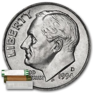 1994-D Roosevelt Dime 50-Coin Roll BU: 1994-D Roosevelt Dime 50-Coin Roll BU Product ID: 38481 Year: 1994 Grade: Brilliant Unc Grade Service: None Denomination: 10 Cents Mint Mark: D - Denver Metal Content: 0 troy oz