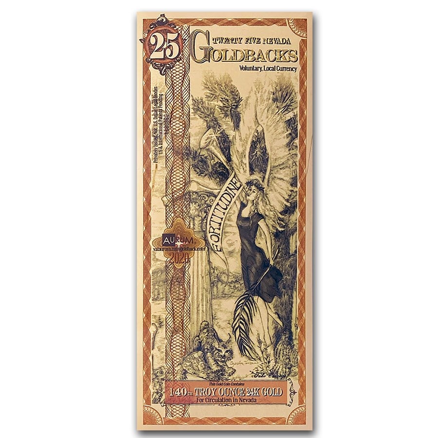 25 Nevada Goldback - Aurum Gold Foil Note (24k): 25 Nevada Goldback - Aurum Gold Foil Note (24k) Product ID: 218163 Year: N/A Not Available Grade: (U) Crisp Unc Grade Service: None Denomination: 25 NV Goldback Mint Mark: N/A - Not Available
