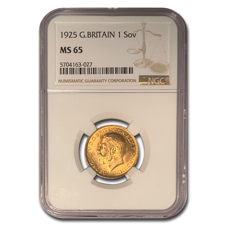 1925 Great Britain Gold Sovereign George V MS-65 NGC: 1925 Great Britain Gold Sovereign George V MS-65 NGC Product ID: 62213 Year: 1925 Grade Service: NGC Denomination: 1 Sovereign Metal Content: 0.2354 troy oz Purity: .9167 Thickness: 1.52