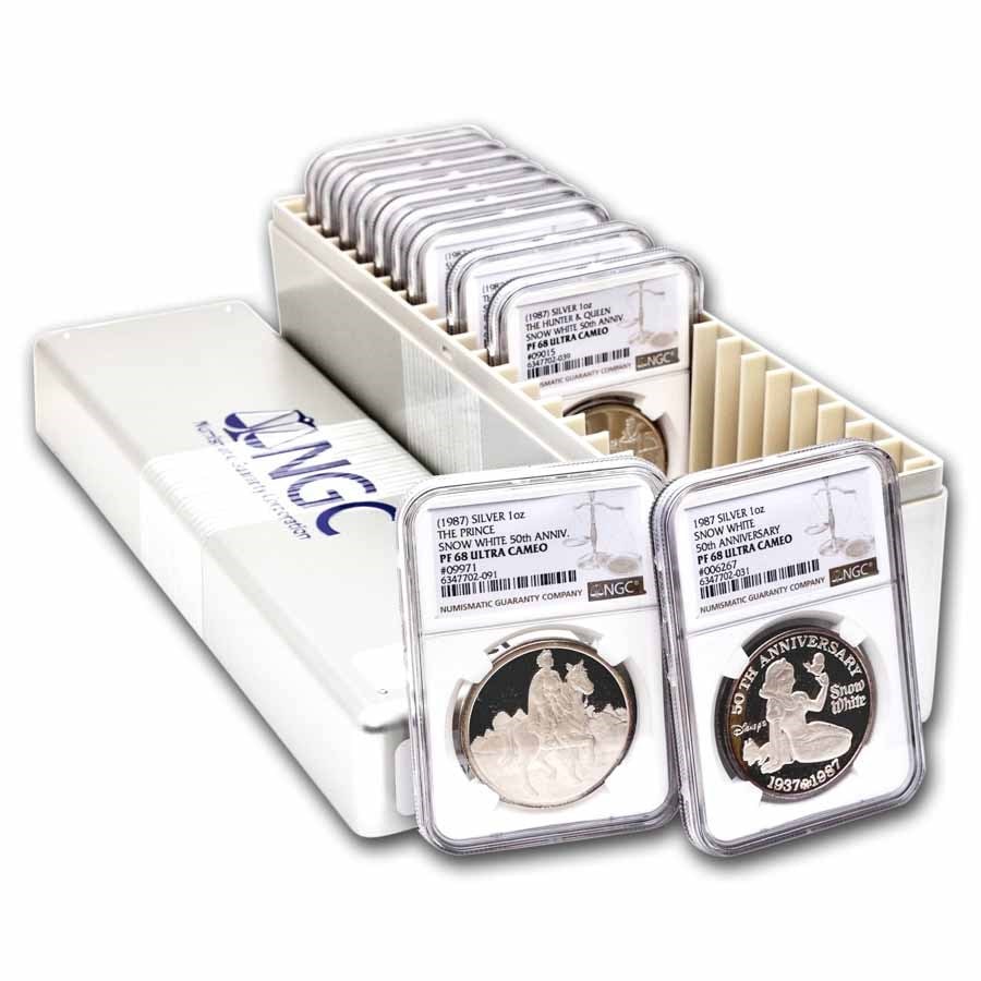 1 oz Silver - Disney's Snow White & the 7 Dwarfs PF-68 NGC (Set): 1 oz Silver - Disney's Snow White & the 7 Dwarfs PF-68 NGC (Set) Product ID: 285269 Year: 1987 Grade: Proof - 68 UCAM Grade Service: NGC Mint Mark: N/A - Not Available Metal Content: 11 troy oz <b