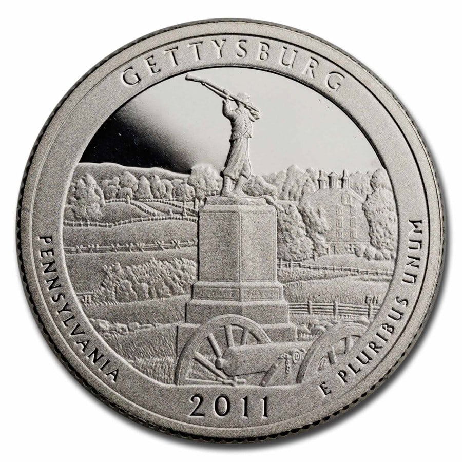 2011-S Quarter ATB Gettysburg Nat. Military Park Proof (Silver): 2011-S Quarter ATB Gettysburg Nat. Military Park Proof (Silver) Product ID: 268733 Year: 2011 Grade: Gem Proof Grade Service: None Denomination: 25 Cents Mint Mark: S - San Francisco Meta