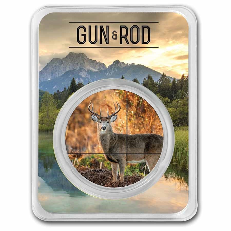 1 oz Silver Round - Gun & Rod (Deer) Colorized w/ TEP: 1 oz Silver Round - Gun & Rod (Deer) Colorized w/ TEP Product ID: 262800 Grade: None Grade Service: None Mint Mark: N/A - Not Available Metal Content: 1 troy oz Purity: .999 Thickness: 3.