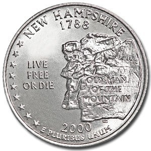 2000-D New Hampshire State Quarter BU: 2000-D New Hampshire State Quarter BU RBJ no: 5241 Year: 2000 Grade: Brilliant Unc Grade Service: None Denomination: 25 Cents Mint Mark: D - Denver Metal Content: 0 troy oz Purit