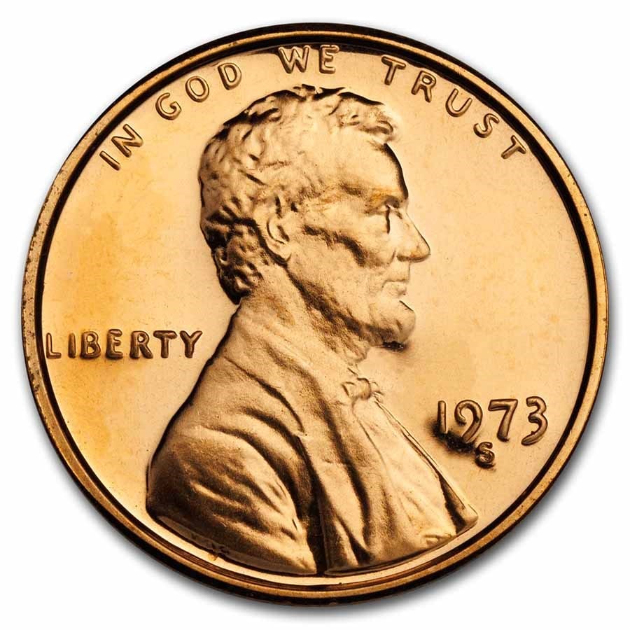 1973-S Lincoln Cent Gem Proof (Red): 1973-S Lincoln Cent Gem Proof (Red) RBJ no: 6846 Year: 1973 Grade: Gem Proof Grade Service: None Denomination: $0.01 Mint Mark: S - San Francisco Metal Content: 0 troy oz Purity: