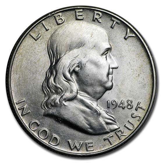 1948-1963 Franklin Half Dollar AU (Random): 1948-1963 Franklin Half Dollar AU (Random) RBJ no: 51133 Year: Random Grade: Almost Unc Grade Service: None Denomination: $0.50 Mint Mark: Varies Metal Content: 0.3575 troy oz Pu