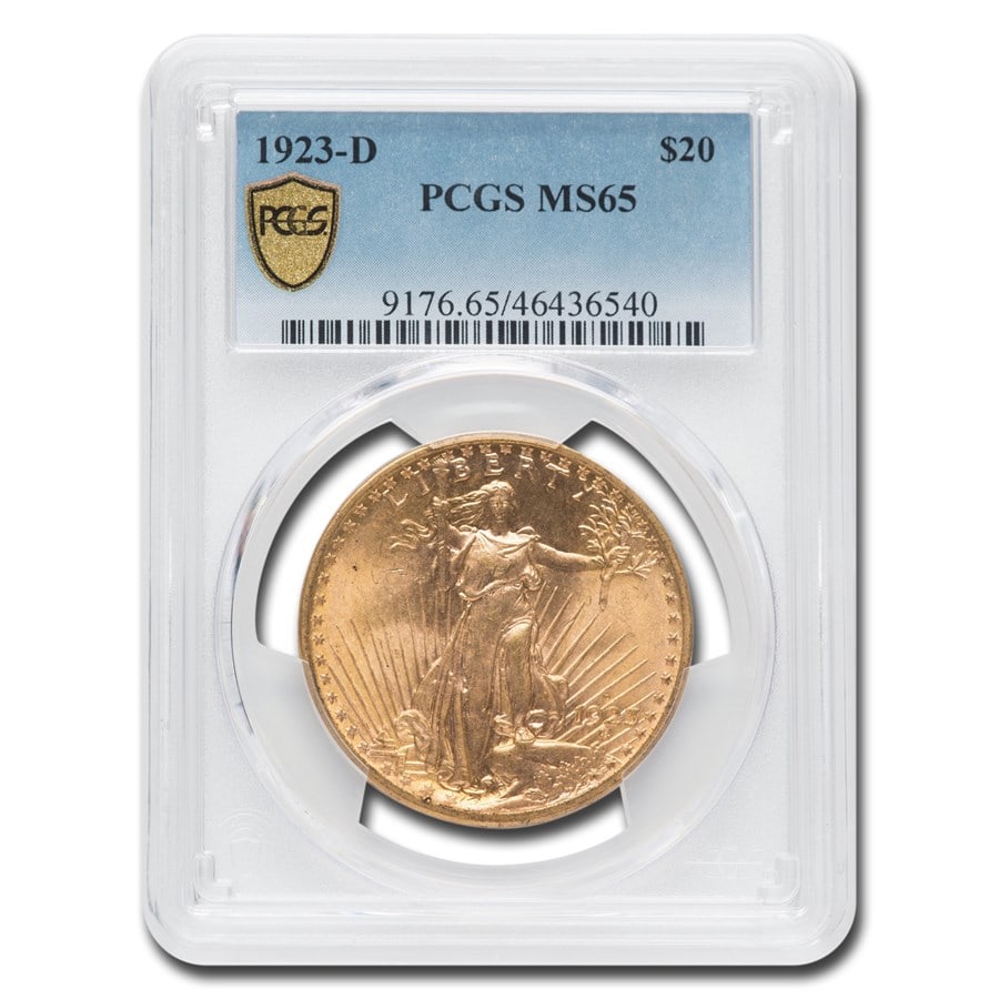 1923-D $20 Saint-Gaudens Gold Double Eagle MS-65 PCGS: 1923-D $20 Saint-Gaudens Gold Double Eagle MS-65 PCGS Product ID: 20464 Year: 1923 Grade Service: PCGS Denomination: 20 Dollars Metal Content: 0.9675 troy oz Purity: .900 Thickness: 2.41