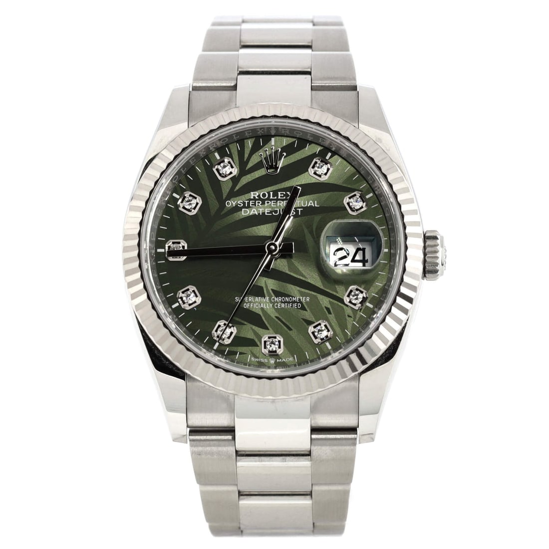 Rolex Oyster Perpetual Datejust Palm Motif Automatic Watch Stainless Steel and White Gold with: Rolex Oyster Perpetual Datejust Palm Motif Automatic Watch Stainless Steel and White Gold with Diamond Markers 36 Dial Color: Green Dial Material: Diamond hour markers Band Color: Silver Band Material
