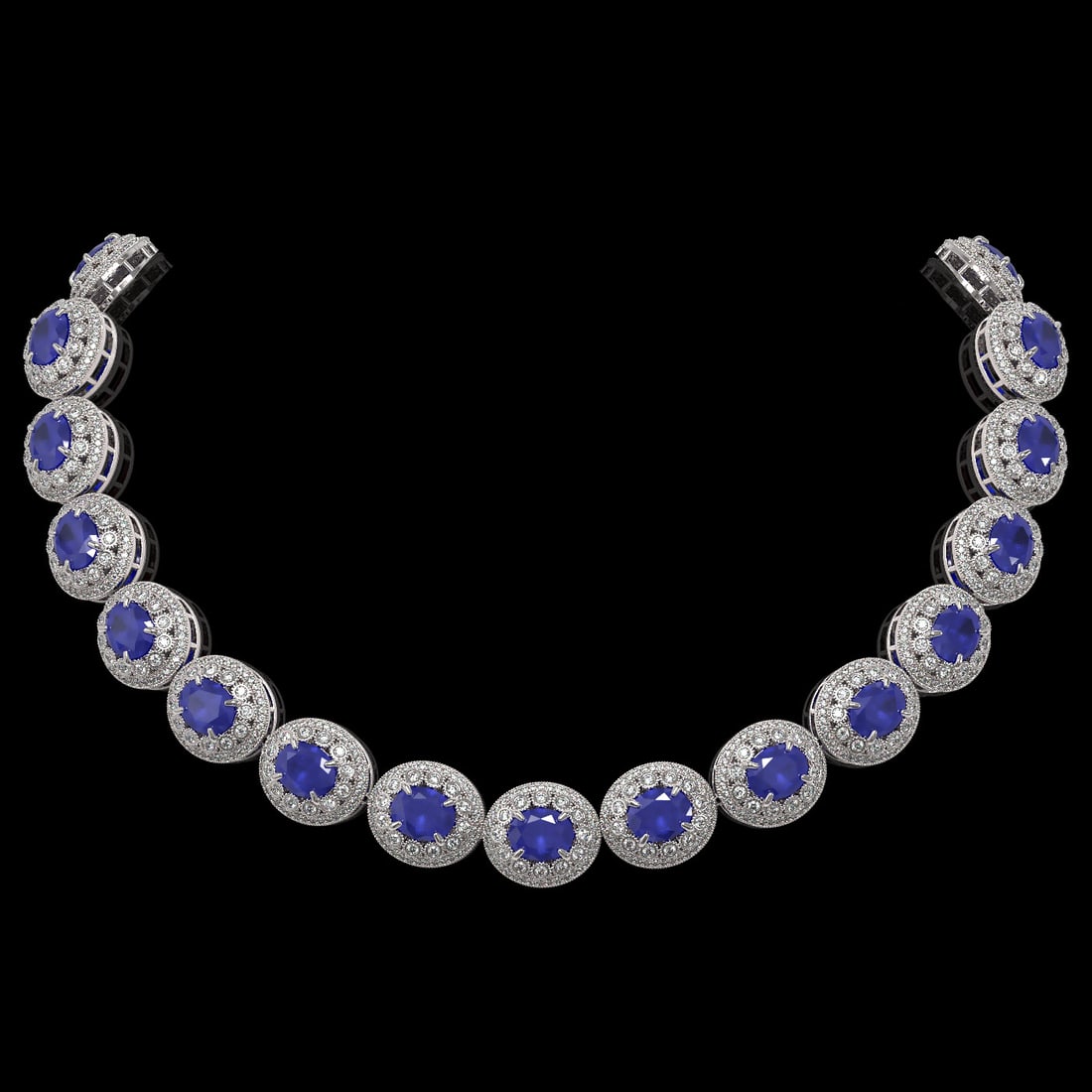 111.75 ctw Sapphire & Diamond Victorian Necklace 14K White Gold: 111.75 ctw Sapphire & Diamond Victorian Necklace 14K White Gold Item: Sapphire NecklaceTotal Gem weight: 111.75 carats Metal: Solid 14K White Gold Gold Product Weight: Approx. 118.6 grams Jewel
