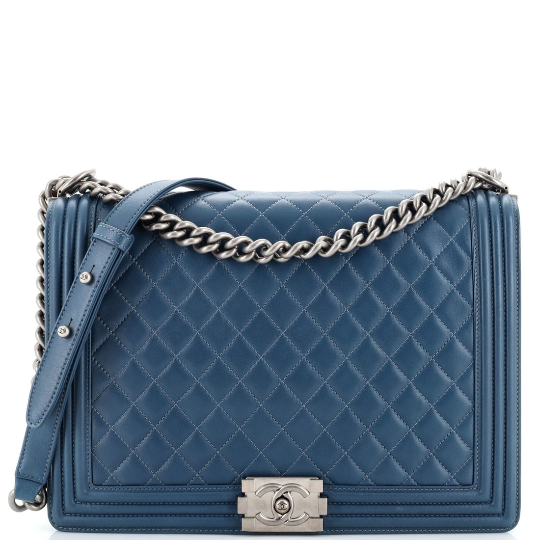 Chanel Boy Flap Bag Quilted Lambskin Large: Chanel Boy Flap Bag Quilted Lambskin Large Exterior Color: Blue Interior Color: Blue Exterior Material: Leather Interior Material: Fabric Hardware Color: Aged Silver Accessories: Authenticity card