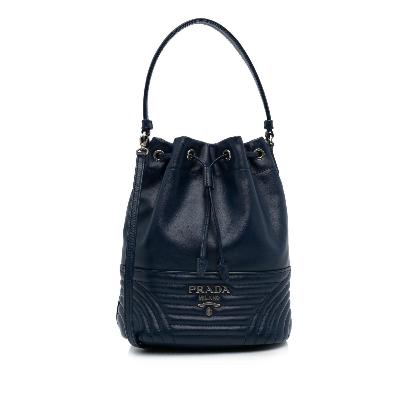 Prada Soft Calf Impunture Diagramme Bucket Bag: Prada Soft Calf Impunture Diagramme Bucket Bag Founded by Mario Prada in 1913, the Italian fashion label of Prada is renowned for its original, yet practical designs. Each piece of the collection is m