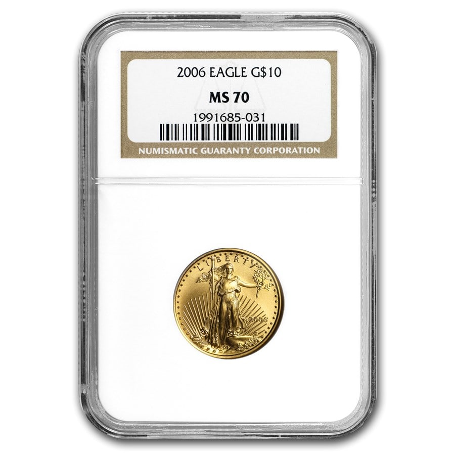 2006 1/4 oz American Gold Eagle MS-70 NGC: 2006 1/4 oz American Gold Eagle MS-70 NGC Product ID: 19314 Year: 2006 Grade Service: NGC Denomination: 10 Dollars Metal Content: 0.25 troy oz Purity: .9167 Thickness: 1.83 mm Di