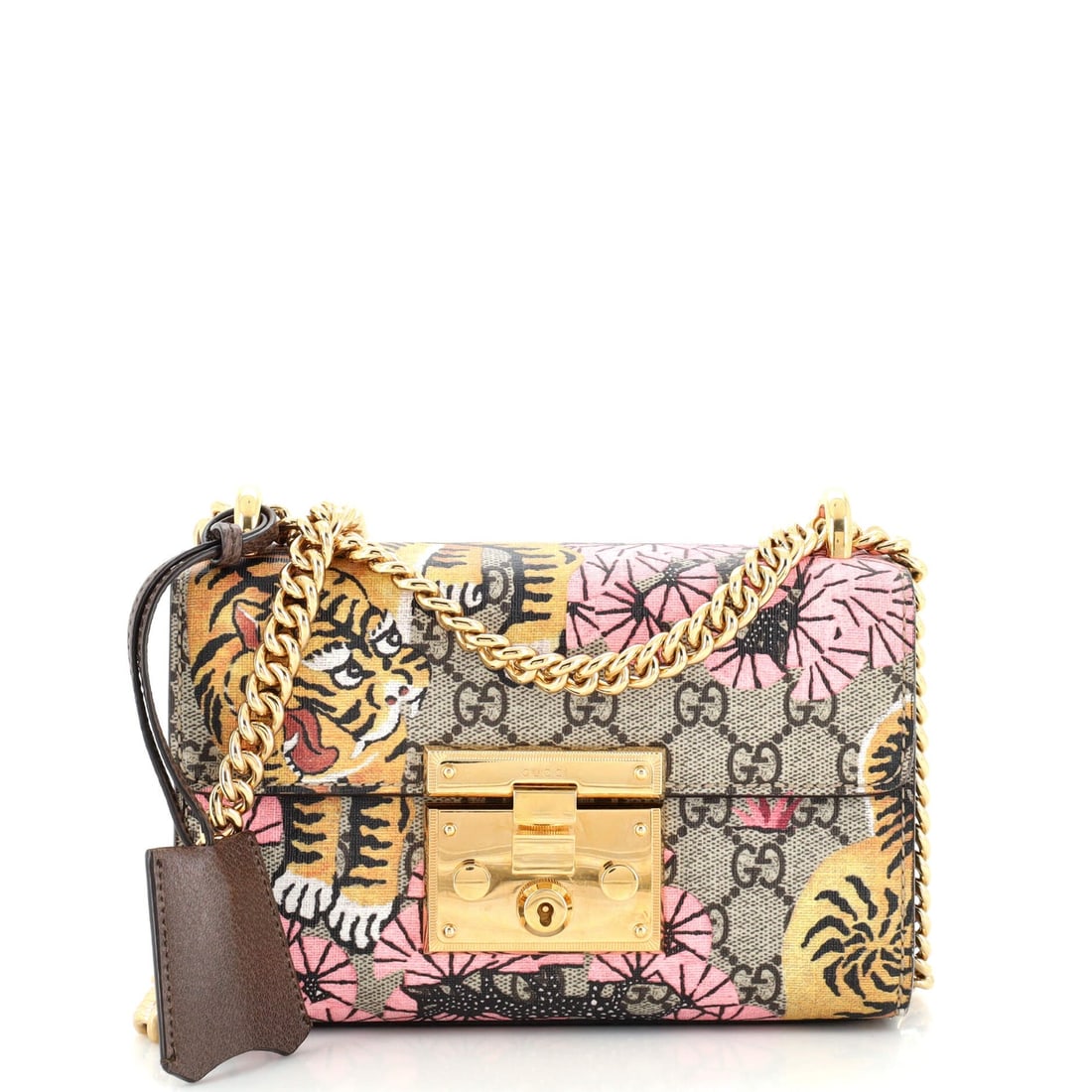 Gucci Padlock Shoulder Bag Bengal Print GG Coated Canvas Small: Gucci Padlock Shoulder Bag Bengal Print GG Coated Canvas Small Exterior Color: Brown, Print Interior Color: Neutral Exterior Material: Canvas Coated Interior Material: Microfiber Hardware Color: Gold