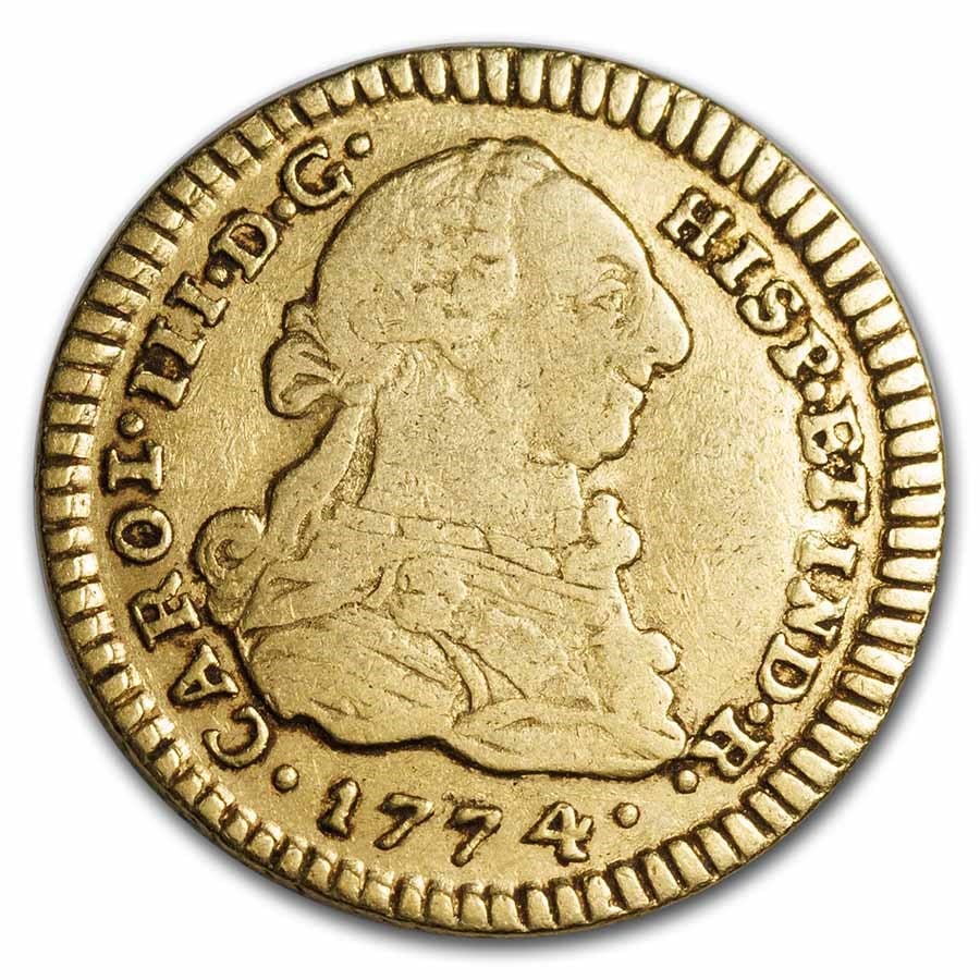 1772-1789 Colombia Gold Escudo Charles III Avg Circ: 1772-1789 Colombia Gold Escudo Charles III Avg Circ Product Id: 271359 Year: Varies Grade: Average Circulated Grade Service: None Denomination: 1 Escudo Mint Mark: M - Madrid Metal Conten