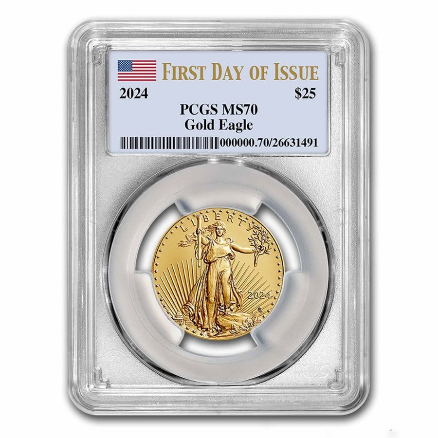 2024 1/2 oz American Gold Eagle MS-70 PCGS (First Day of Issue): 2024 1/2 oz American Gold Eagle MS-70 PCGS (First Day of Issue) Product ID: 284529 Year: 2024 Grade: MS-70 Grade Service: PCGS Denomination: 25 Dollars Mint Mark: Not Shown Metal Content: