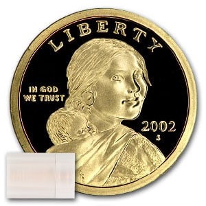 2002-S Sacagawea Dollar 20-Coin Roll Proof: 2002-S Sacagawea Dollar 20-Coin Roll Proof Product ID: 38476 Year: 2002 Grade: Proof Grade Service: None Denomination: $1.00 Mint Mark: S - San Francisco Metal Content: 0 troy oz