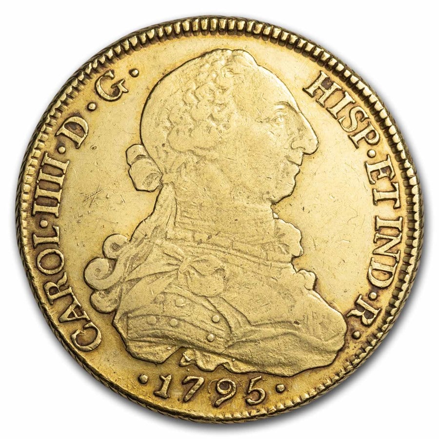 1795 SO-DA Chile Gold 8 Escudos Charles IIII XF: 1795 SO-DA Chile Gold 8 Escudos Charles IIII XF Product ID: 289080 Year: 1795 Grade: Extra Fine Grade Service: None Denomination: 8 Escudos Mint Mark: So - Santiago Metal Content: 0.7614