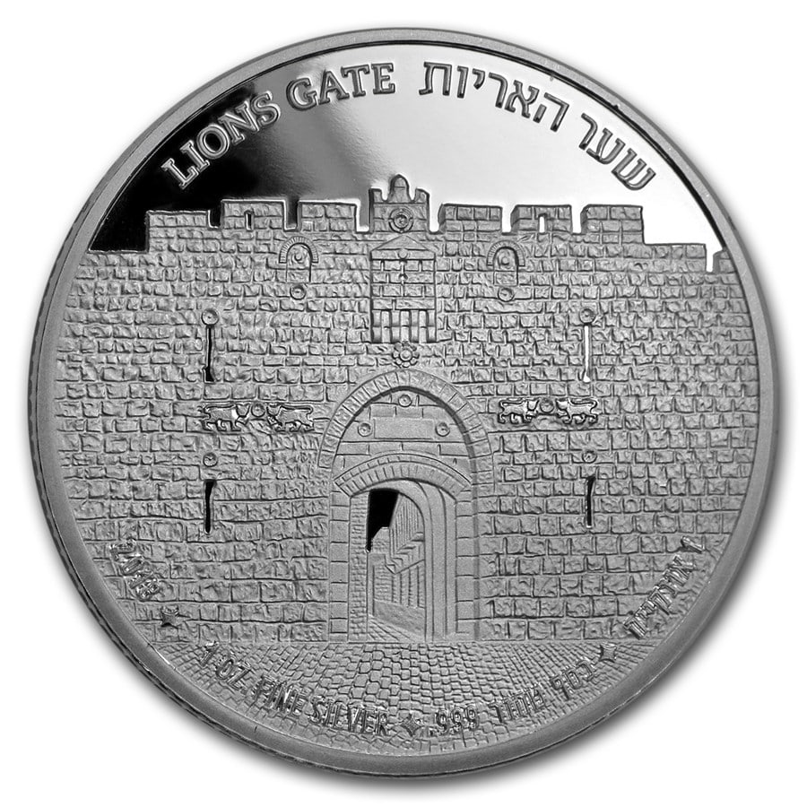 2018 Israel 1 oz Silver Proof - Gates of Jerusalem (Lion's Gate): 2018 Israel 1 oz Silver Proof - Gates of Jerusalem (Lion's Gate) Product ID: 173185 Year: 2018 Grade: None Grade Service: None Mint Mark: Holy Land Mint Metal Content: 1 troy oz Purity: .