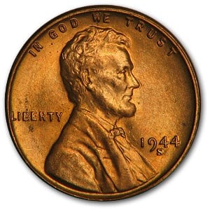 1944-S Lincoln Cent BU (Red): 1944-S Lincoln Cent BU (Red) Product ID: 9831 Year: 1944 Grade: Brilliant Unc Grade Service: None Denomination: $0.01 Mint Mark: S - San Francisco Metal Content: 0 troy oz Purity