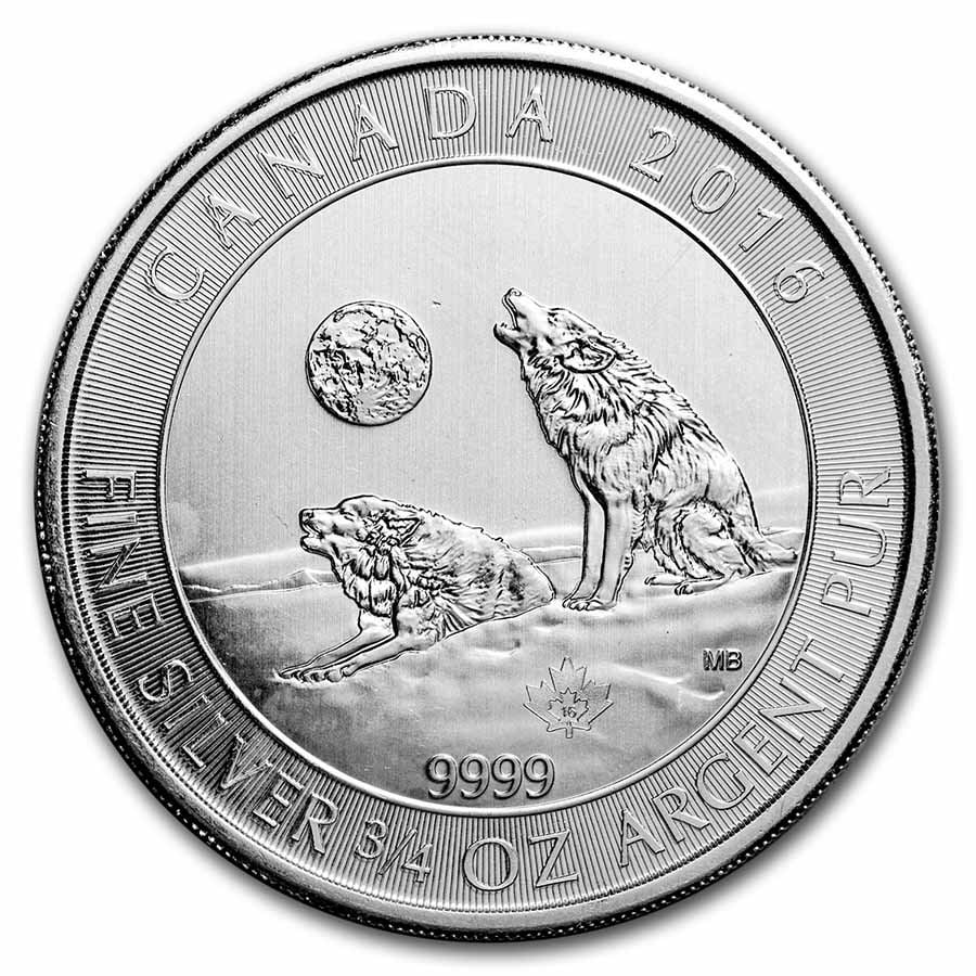 2016 Canada 3/4 oz Silver Grey Wolf BU (Spotted): 2016 Canada 3/4 oz Silver Grey Wolf BU (Spotted) Product ID: 244857 Year: 2016 Grade: None Grade Service: None Denomination: 2 Dollars Mint Mark: RCM (Not Shown) Metal Content: 0.75 troy
