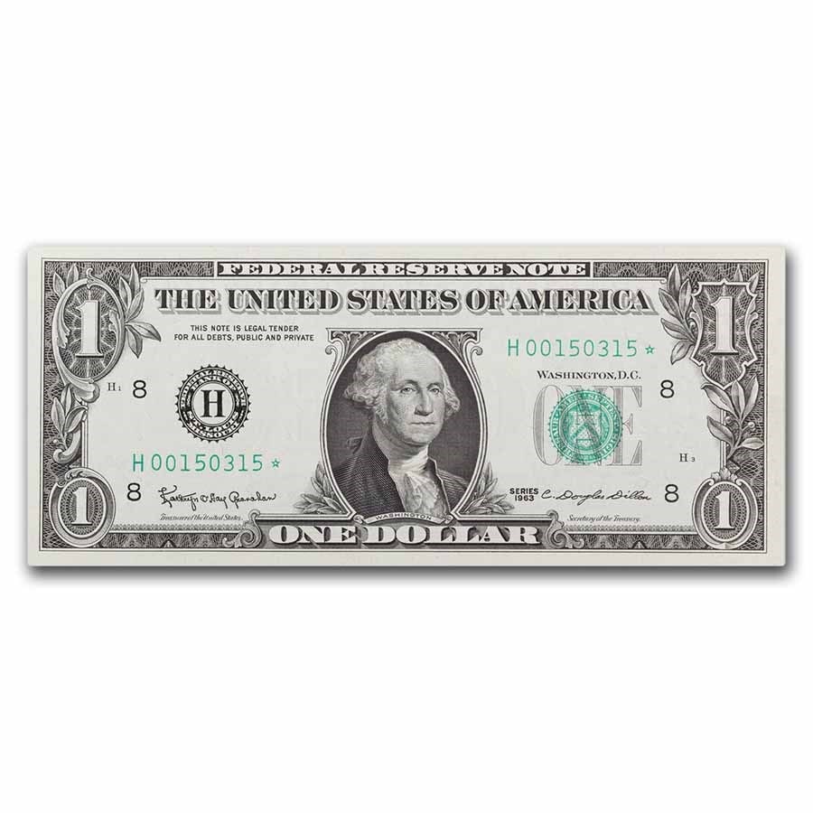 1963* (H-St. Louis) $1.00 FRN CU (Fr#1900-H*) Star Note!: 1963* (H-St. Louis) $1.00 FRN CU (Fr#1900-H*) Star Note! Product ID: 273002 Year: 1963 Grade: (U) Crisp Unc Grade Service: None Denomination: 1 Dollar Mint Mark: H - St. Louis Metal Conte