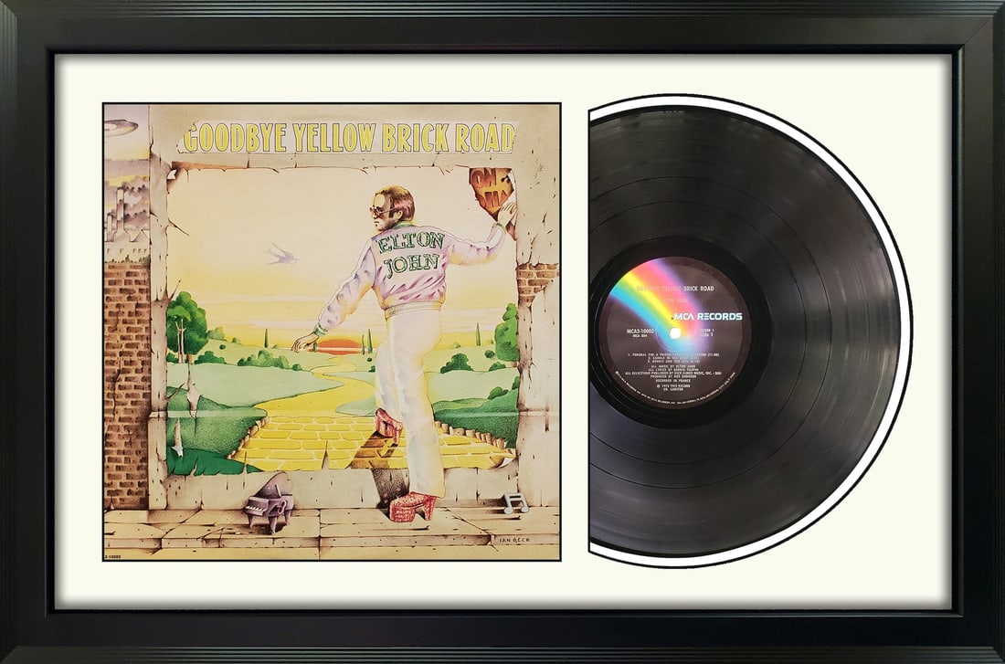 elton john "goodbye yellow brick road" vinyl record & cover professionally framed 17.5? x 26.5?: elton john "goodbye yellow brick road" vinyl record & cover professionally framed 17.5? x 26.5? display with a white mat This unique album and cover wall display is professionally and beautifully cust