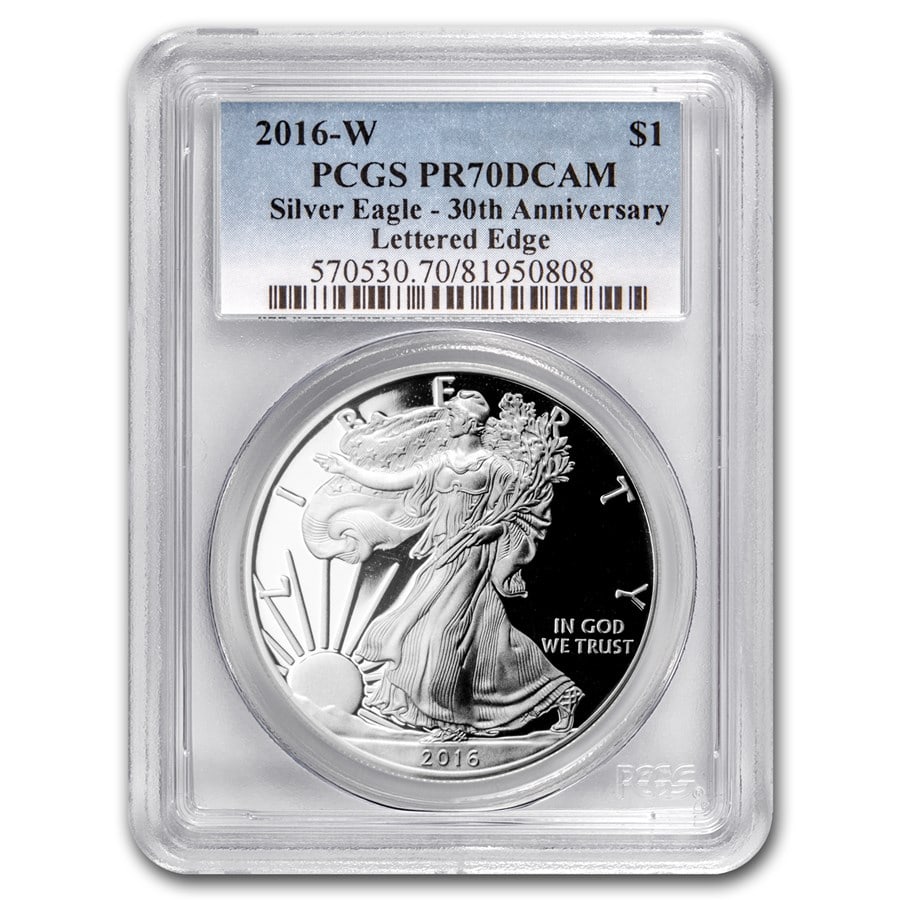 2016-W Proof American Silver Eagle PR-70 PCGS: 2016-W Proof American Silver Eagle PR-70 PCGS Product ID: 104160 Year: 2016 Grade Service: PCGS Denomination: 1 Dollar Metal Content: 1 troy oz Purity: .999 Thickness: 2.98 mm Di