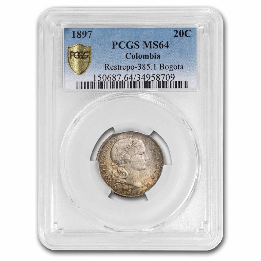 1897 Colombia Silver 20 Centavos MS-64 PCGS: 1897 Colombia Silver 20 Centavos MS-64 PCGS Product ID: 283109 Year: 1897 Grade Service: PCGS Denomination: 20 Centavos Metal Content: 0.1071 troy oz Purity: Other Thickness: N/A mm <