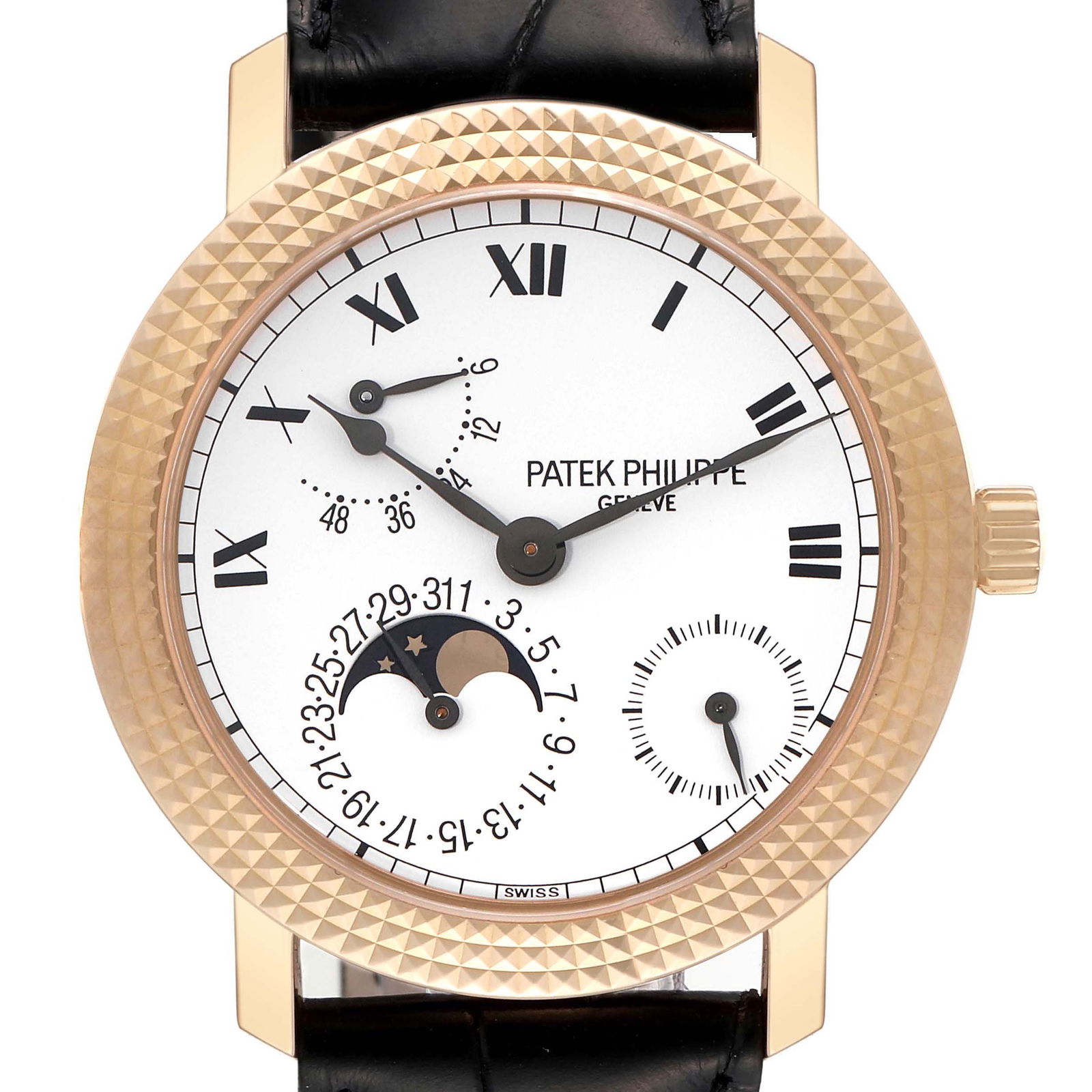 Patek Philippe Calatrava Cortina Jubilee Power Reserve Rose Gold Watch: Patek Philippe Calatrava Cortina Jubilee Power Reserve Rose Gold Watch 5057 Automatic self-winding movement 18k rose gold case 36.5 mm in diameter Exhibition sapphire case back 18k rose gold triple ho