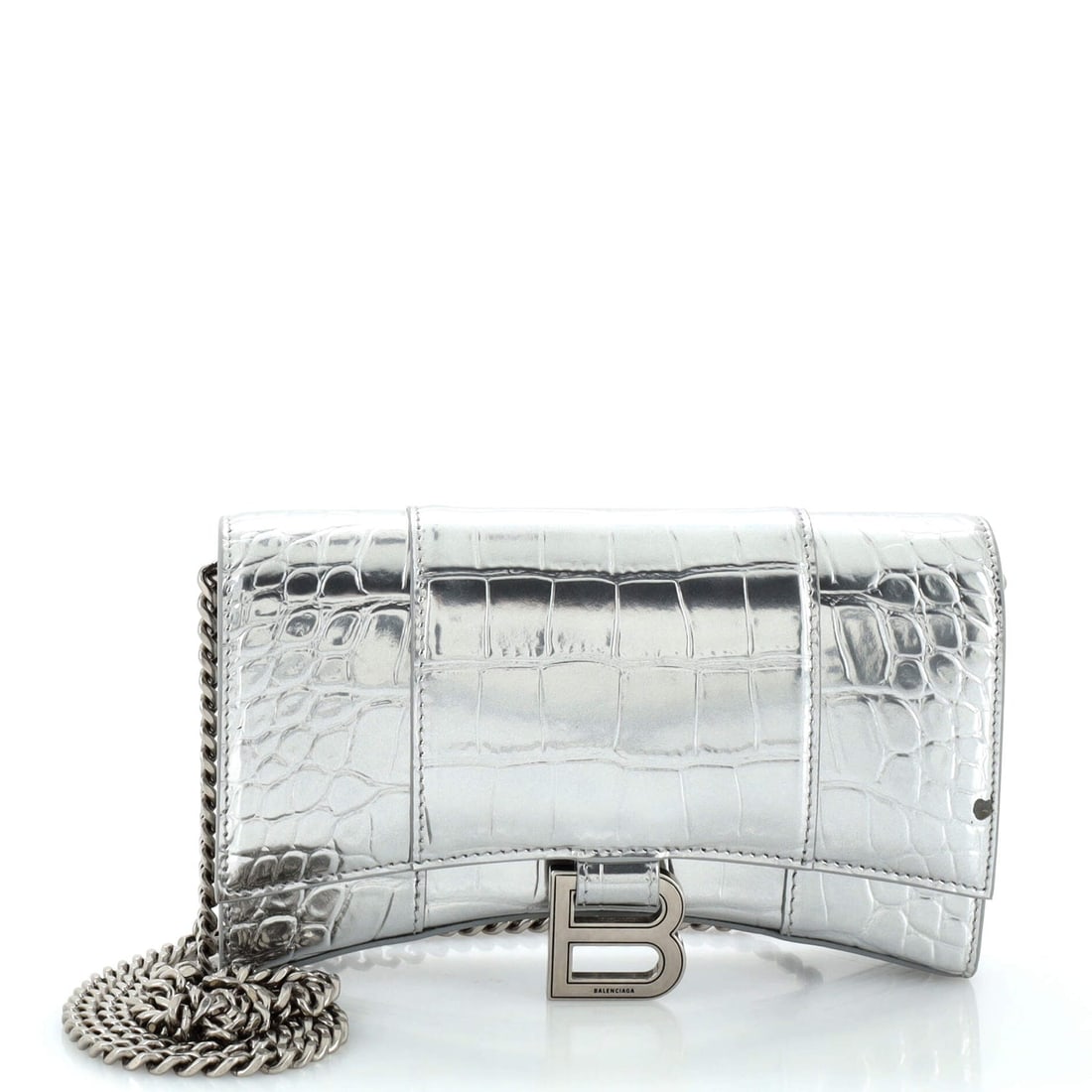 Balenciaga Hourglass Chain Wallet Crocodile Embossed Leather: Balenciaga Hourglass Chain Wallet Crocodile Embossed Leather Exterior Color: Silver Interior Color: Black Exterior Material: Leather Interior Material: Fabric, Leather Hardware Color: Aged Silver