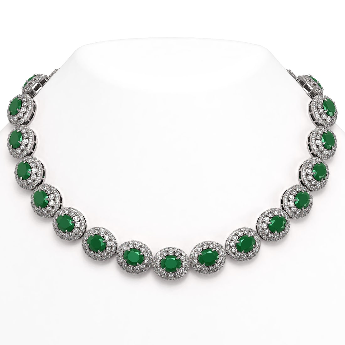 111.75 ctw Emerald & Diamond Victorian Necklace 14K White Gold: 111.75 ctw Emerald & Diamond Victorian Necklace 14K White Gold Item: Emerald NecklaceTotal Gem weight: 111.75 carats Metal: Solid 14K White Gold Gold Product Weight: Approx. 118.6 grams Jewelry