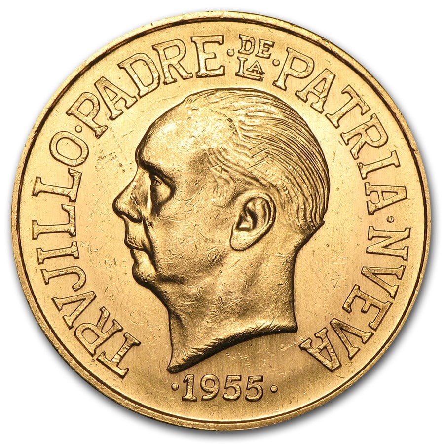 1955 Dominican Republic Gold 30 Pesos Rafael Trujillo BU: 1955 Dominican Republic Gold 30 Pesos Rafael Trujillo BU Product ID: 50586 Year: 1955 Grade: Brilliant Unc Grade Service: None Denomination: 30 Pesos Mint Mark: Not Shown Metal Content: 0